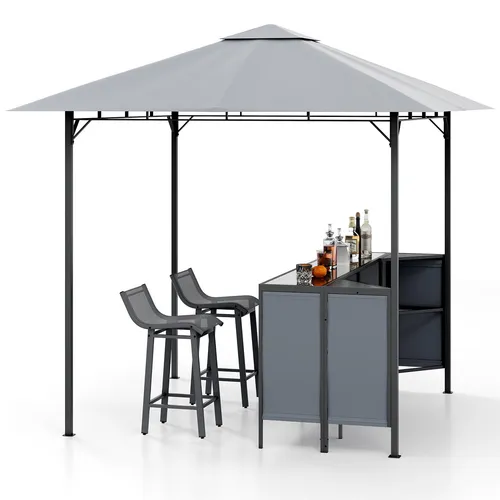 COSTWAY Grillpavillon mit Doppeldach und Bar-Set - 3-teiliges Set mit wetterfestem Pavillon (245x245x243 cm) und 2 Barhockern. Ideal für BBQs im Freien. Robuste Konstruktion und hitzebeständige Glasoberfläche sorgen für Stabilität und Komfort.