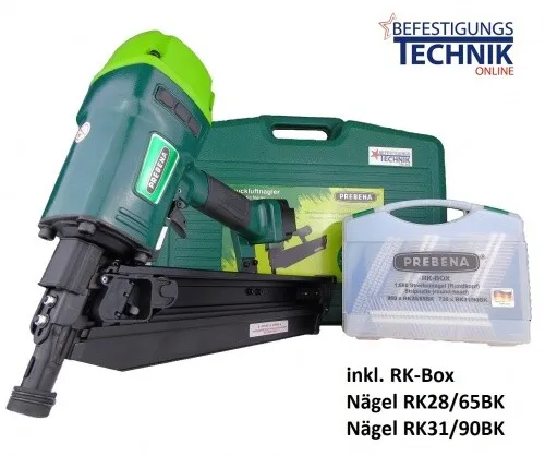 Prebena Druckluft Streifennagler 7XR-RK90 mit RK BOX Streifennägel 20° - Tacker für präzises Arbeiten mit einer Nagellänge von 50-90mm, inklusive RK BOX mit hochwertigen Streifennägeln für sofortigen Einsatz.