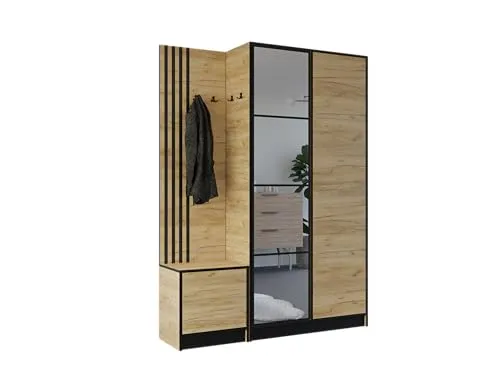 KIER FURNITURE Flurgarderobe Modern - Garderobenschrank mit Sitzbank, Haken und Schuhschrank - Flur Möbel Geräumig und Stilvoll - BxHxT 158x205x39cm - Craft Eiche