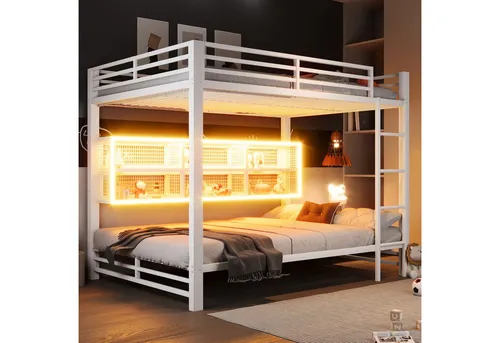 REDOM Etagenbett Jugendbett mit Stauraum und LED-Beleuchtung, 140x200 cm - Praktisches Etagenbett aus Metall mit 140 × 200 cm Liegefläche und 6 integrierten Stauraumschränken. Ideal für Kinder- und Jugendzimmer, kombiniert Schlafplatz und Ordnung, inklusive anpassbarer LED-Beleuchtung.