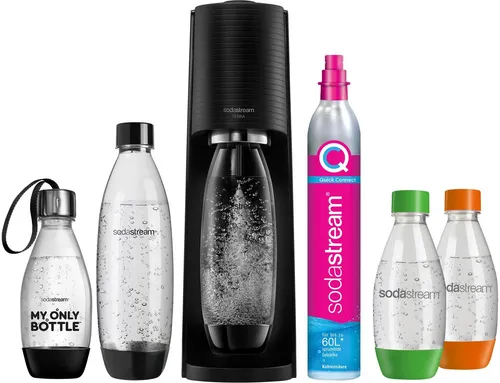 SodaStream Wassersprudler TERRA Bundle Vorteilspack, (Set, 7-tlg., 2x 1L Kunststoff-Flasche + 3x 0,5L Kunststoff-Flasche), SodaStream Wassersprudler, CO2-Zylinder inkl. Kunststoff-Flaschen