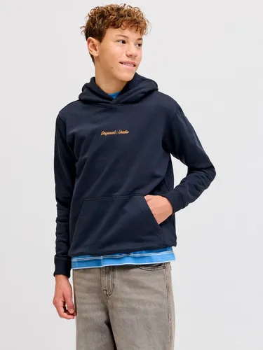 Jack & Jones Junior Kapuzensweatshirt JORNORREBRO EMB SWEAT HOOD NOOS JNR blau 140 (10J) - Modisches Kapuzensweatshirt für Jungen, aus pflegeleichter Baumwollmischung, mit Kängurutasche und entspannter Passform. Ideal für lässige Freizeitlooks.