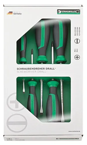 Schraubendreher-Satz DRALL+ 4687 - 5-teiliges Set mit ergonomischem 2-Komponenten-Griff und magnetischen Klingenspitzen, ideal für präzise Arbeiten in Haushalt und Werkstatt.