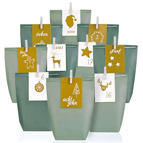 Adventskalender zum Befüllen 2025-24 Eukalyptus Grün Geschenktüten XXL mit 24 Zahlenkarten & Holzklammern - Weihnachtskalender zum Selber Befüllen für Kinder & Erwachsene, Wiederverwendbar
