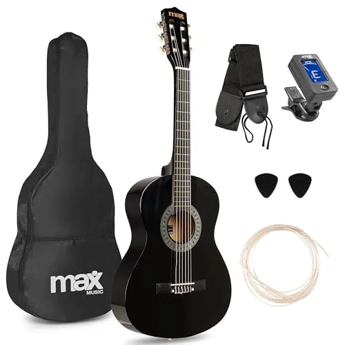 MAX SoloArt - Gitarre 3/4 Kindergitarre ab 6 jahre, Junior Akustik Gitarre inkl. Tasche, Plektrum, Gurt und Saiten-Zubehör, 3/4 Guitar in Schwarz