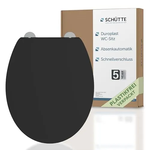 Slim WC-Sitz mit Absenkautomatik | Abnehmbarer Klodeckel aus bruchsicherem Duroplast | Innovative DIY Montage durch Klebepads | Toilettendeckel und Brille bis 200 kg belastbar | Schwarz