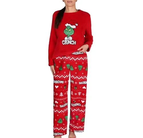 sarcia.eu Grinch Weihnachtspyjama für Damen, zweiteilig, WARMES Polar Pyjama mit Langen Ärmeln (DE/NL/SE/PL, Alphanumerisch, XL, Regular, Regular, A)