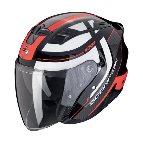 Scorpion EXO-230 PUL Jethelm - Schwarz/Rot - L - Motorradhelm mit leichtem Polycarbonat-Design, antimikrobiellem KwikWick® Innenfutter und versenkbarer Sonnenblende für maximalen Fahrkomfort und Sicherheit.