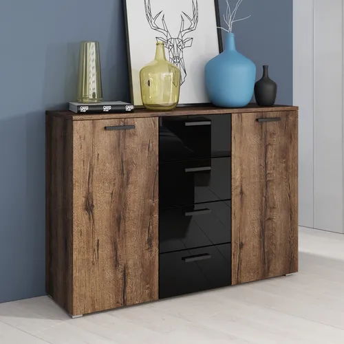 Masseno Kommode COSMICO 132 cm – Elegantes Sideboard mit 4 Schubladen und 2 Türen in Braun