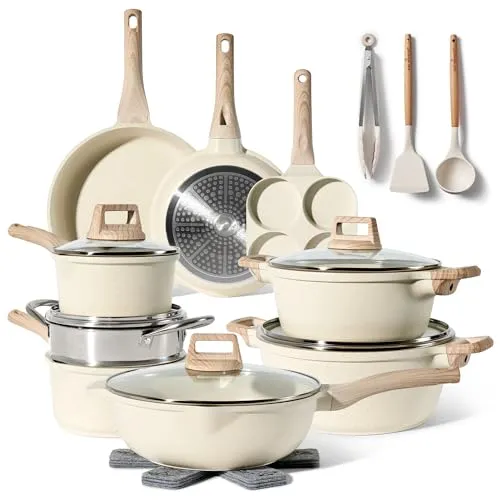 JUST PERFECTO Induktions Töpfe Set 21 pcs - Beige - Vielseitiges Töpfe- und Pfannen-Set, ideal für alle Herdarten, mit hochwertiger Antihaftbeschichtung und kratzfester Silikonoberfläche für stressfreies Kochen und einfache Reinigung.