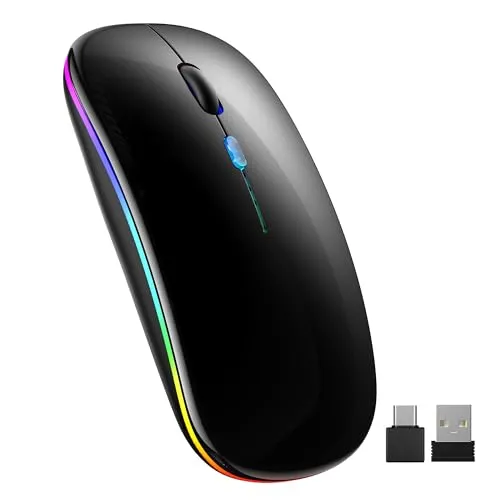 TECKNET Kabellose Bluetooth Maus (Bluetooth 5.1 + 2,4 GHz USB), Wiederaufladbare RGB Dual Mode Maus Kabellos, 1600 DPI Optische Abtastung Funkmaus für Laptops, iPads, Desktops und Macs, Schwarz