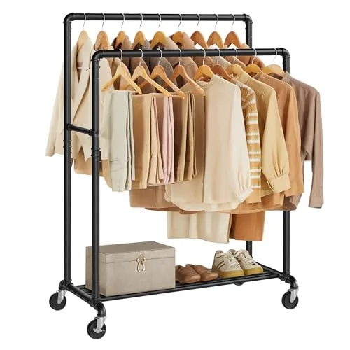 SONGMICS Kleiderständer mit 2 Kleiderstangen und Ablage - Kleiderständer im Industrie-Design, bis 110 kg belastbar, ideal für Schlafzimmer oder Ankleidezimmer; mit 4 Rollen für einfache Mobilität und 2 arretierbaren Rollen für sicheren Stand.