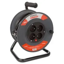 Perel Kabeltrommel 25m, 4 Steckdosen Typ E - Kabeltrommel für Innenbereich mit 4 Steckdosen und Überhitzungsschutz, ideal für Werkstatt und Büro, flexibles 25 m PVC-Kabel sorgt für optimale Stromversorgung.