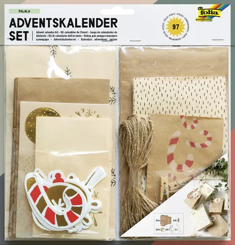 folia Adventskalender Falala - Selbstgestaltbarer Adventskalender in Weiß, Natur und Gold mit 24 Papiertüten, ideal für kreative Bastelstunden