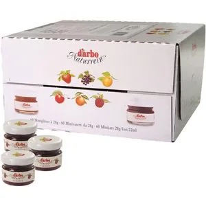 Darbo Himbeer Konfitüre im Miniglas, 60 Stück - Naturreine Himbeer-Konfitüre im praktischen Miniglas, ideal für Buffets oder als Geschenk, perfekt zum Verfeinern von Desserts.