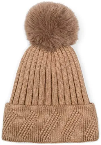 styleBREAKER Damen Strick Bommelmütze Einfarbig mit Rippen Muster und Fleece Futter, Winter Mütze, Strickmütze 04024198, Farbe:Hellbraun