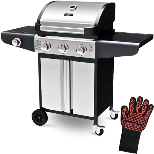 deluxe4home® Gasgrill BBQ Grillwagen mit Deckel - XXL Grillwagen mit 3+1 Seitenbrenner, integriertes Thermometer für präzises Grillen und praktische Ablageflächen für Zubehör.