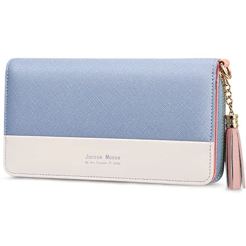 Jocose Moose Damen Geldbörse, große Kapazität Kunstleder Brieftasche, Reißverschluss RFID Geldbörse mit Quaste Anhänger, 12 Kartenfächer und Münzfach