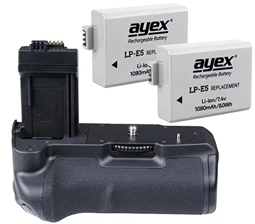 ayex Batteriegriff für Canon EOS 1000D 500D 450D - Foto- & Video-Zubehör mit 2x LP-E5 Akkus für längere Fotografie-Sessions und ergonomischem Design für komfortables Hochformat-Fotografieren.