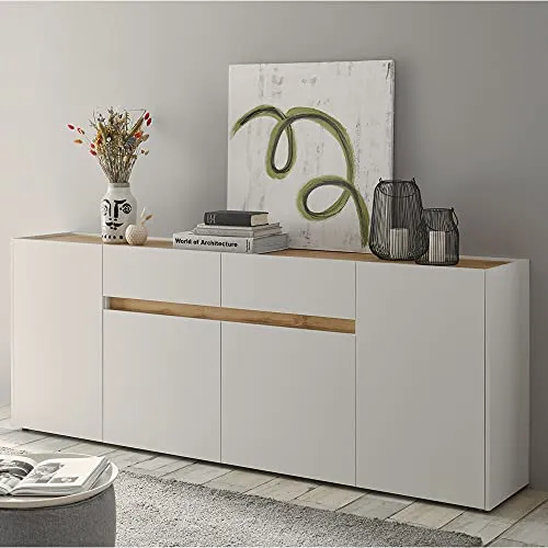 Lomadox Sideboard Wohnzimmer in Weiß und Wotan Eiche Nb. - Elegantes Sideboard in Weiß mit Wotan Eiche Nb. Absetzungen, bietet viel Stauraum mit 2 Schubkästen und 4 Türen. Strapazierfähige Melaminharzbeschichtung für hohe Langlebigkeit. Ideal für stilvolle Wohnzimmer.
