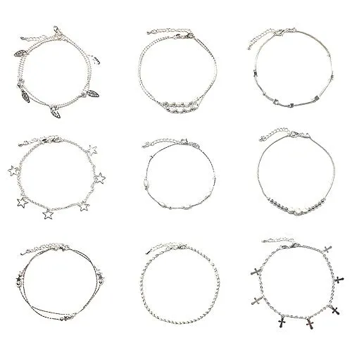 Huture 9 Stücke Damen Fußkettchen 925 Sterling Silber Barfuß Strand Armbänder Boho Knöchel Ketten Silbernes Fußspange Sommer Fuß Schmuck Verstellbare, Silberschmuck Anklet