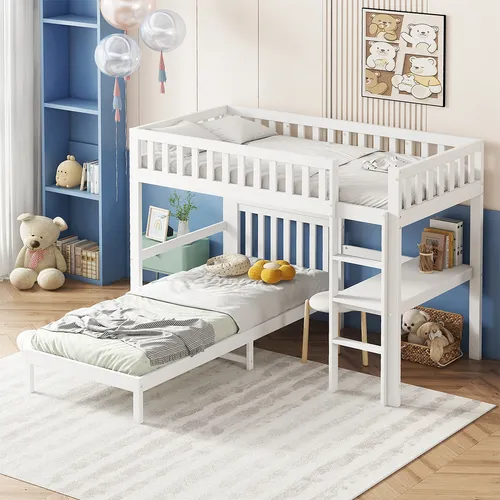 Etagenbett mit dreistufiger Leiter und Schreibtisch Kinderbett Hausbett Kiefernbett Jugendbett Kiefer+MDF 90x200cm Weiß