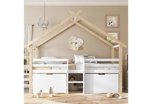 Flieks Kinderbett Hausbett 90x200cm mit Dach und Schubladen - Halbhohes Bett mit praktischem Stauraum: 2 Schubladen und eine Leiter. Ideal für Kinderzimmer, stabil und platzsparend. Perfekt für Matratzen bis 13cm Höhe.