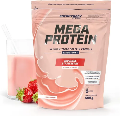 Energybody Systems Mega Protein Pulver - Cremiger Whey & Casein Shake - Genieße den Energybody Systems Mega Protein Shake, cremig und lecker ohne Aspartam. Ideal für nach dem Sport oder als Snack, überzeugt er mit hochwertigem Eiweiß und perfekter Konsistenz.