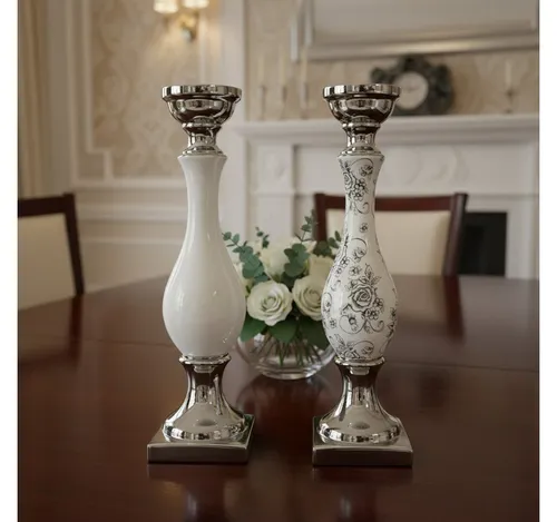 Riyashop Kerzenständer Keramik Kerzenleuchter Kerzenständer Silber Weiß Windlicht halter