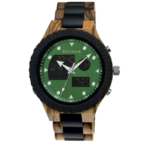 Holzwerk Germany Handgefertigte Designer Analog Herren-Uhr - Öko Natur Holz-Armbanduhr in Grün, leicht und angenehm zu tragen, einzigartiges Design mit hochwertigem Japan Uhrwerk und Spritzwasserschutz.