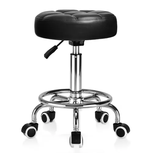 Rollhocker PU Leder Rund Gepolstert, Arbeitshocker Höhenverstellbar Rollen mit Fußstütze , 360° - Drehung Drehocker ，Tragfähigkeit 150kg für Spa Zeichnung Salon Arbeit Büro Tattoo Hocker. (Tinte)