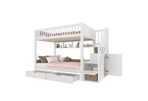 Etagenbett mit Stauraum und Rausfallschutz (90x200cm) - Praktisches Etagenbett mit 2 Schlafplätzen, integriertem Bücherregal und Schubladen für zusätzlichen Stauraum. Hohe Stabilität und modernes Design, ideal für Kinderzimmer.