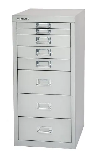 Bisley Schubladenschrank MultiDrawer, 8 Schübe aus Metall, silber - Schubladenschrank aus robustem Metall mit 8 leichtgängigen Schüben, ideal für Büro oder Werkstatt. Praktische Etikettenfenster ermöglichen eine einfache Beschriftung.