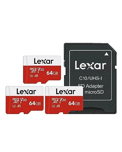 Lexar Micro SD Karte 64GB 3er Pack, Speicherkarte Micro SD mit Adapter, Bis zu 100 MB/s Lesegeschwindigkeit, UHS-I, U3, A1, V30, C10, 4K UHD microsdxc SD Karte für Kamera, Smartphone