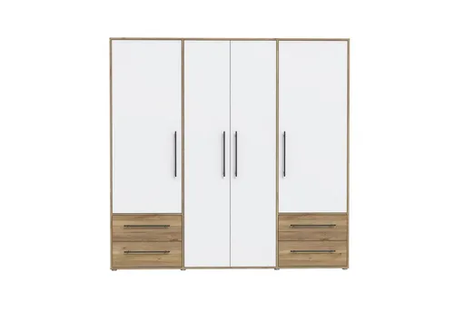 Drehtürenschrank MOKKARIS in Mauvella Eiche/Weiß - 205,9x200,1x58,8cm - Schwebetürenschrank mit modernem Design und 4 Drehtüren, bietet optimalen Stauraum mit 5 Einlegeböden und 3 Kleiderstangen für eine stilvolle Ordnung im Schlafzimmer.