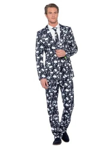 Smiffys Skelett Anzug - Schwarz und Weiß, inkl. Jackett, Hose und Krawatte, ideal für außergewöhnliche Partnerkostüme und bequemes Tragegefühl