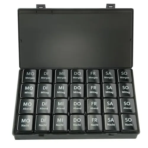 OBSGUMU Tablettenbox 7 Tage Morgens Mittags Abends, Feuchtigkeitsbeständig Medikamentenbox, Tragbar Tablettendose 4 Fächer Eignen für Kinder, Ältere Menschen(Schwarz)