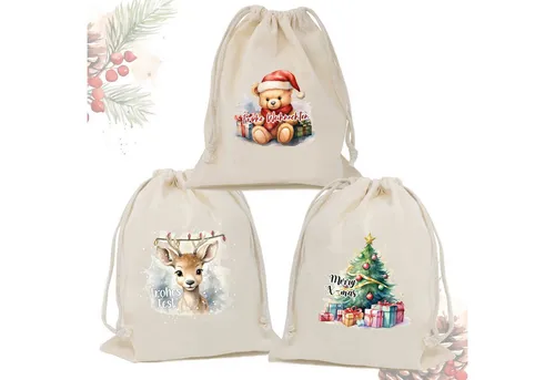 TOBJA Weihnachtskarte Weihnachtsbeutel Stoff 3er Set Geschenkbeutel Weihnachten, Geschenkverpackung, Weihnachtssäckchen 25x30 cm