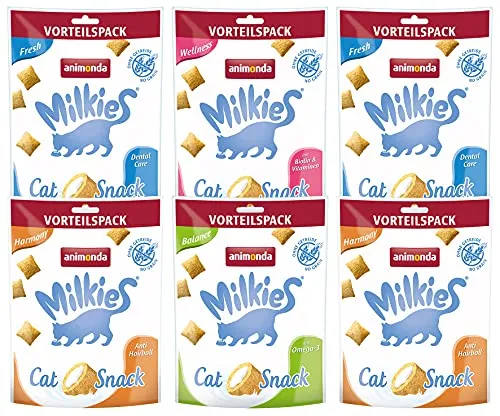 animonda Milkies Katzensnack mit Milch - Milchsnack Selection Multipack (6 x 120g), getreidefreie Knusperkissen Milch Katzensnacks für Erwachsene Katzen