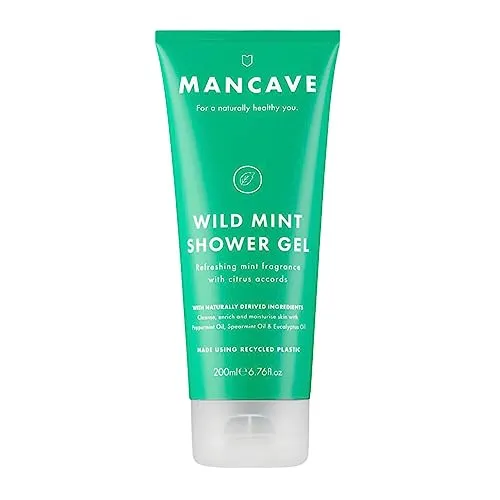 ManCave Duschgel Männer Wilde Minze 200 ml - Frisches Aroma Zitrone, Pfefferminz, Eukalyptusöl - Sulfat- und Parabenfrei, Vegan, Duschgel Herren, Tube aus Recycling-Kunststoff, Hergestellt in GB