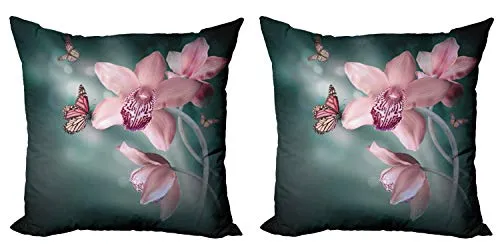 ABAKUHAUS Blumen Dekokissen Kissenbezug 2er Pack, Orchideen-Blume Schmetterling, Modern Accent Doppelseitiger Digitaldruck, 40x40, Baby-Rosa und Jade-Grün