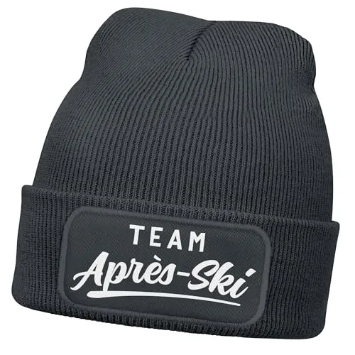 MoonWorks® Herren Beanie mit Patch Strickmütze Skifahren Party Skiurlaub Spruch Aufdruck Lustig Mütze Männer Dunkelgrau Unisize