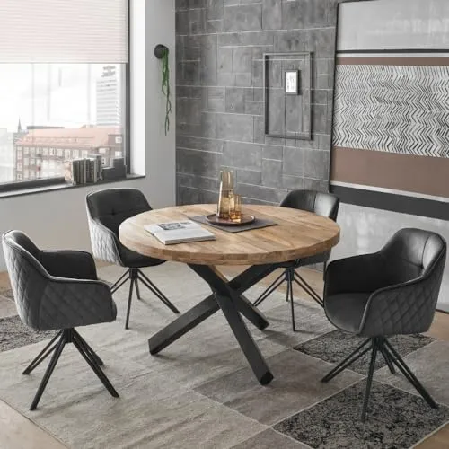 moebel-dich-auf Esszimmer-Set ACE, Esstisch mit 4 Stühlen aus Mango Massivholz - Esszimmer-Sets mit industrialer Optik, inklusive 1 Tisch und 4 Stühlen, einzigartiges Design durch natürliche Holzstruktur.
