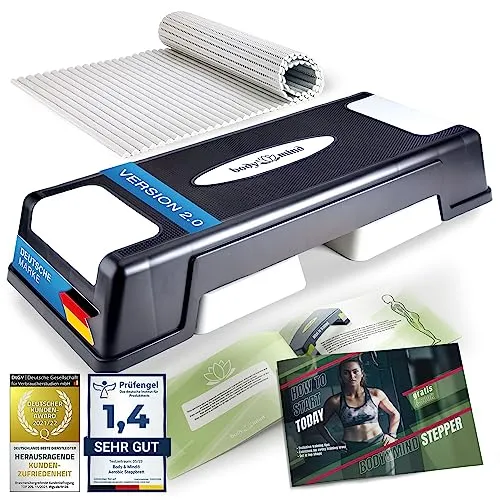 Body & Mind® Aerobic Steppbrett Deluxe - Fitness Step-Bench mit Anti-Rutsch-Matte & E-Book - Stepbenches für effektives, gelenkschonendes Training. Inklusive gratis Anti-Rutsch-Matte und einem exklusiven E-Book für motivierende Aerobic-Workouts. Verstellbare Höhe für individuelle Trainingsintensität.