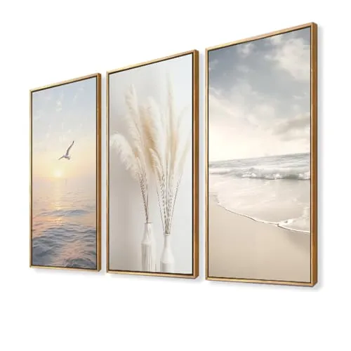 Visario Leinwandbild 120x80 cm 4423 Möwe Strand Meer Pampasgras gerahmt auf echtem Holzrahmen - Wandbild Natur Küste Strandmotiv Dünen Sommer Deko Wohnzimmer Schlafzimmer Büro Kunstdruck