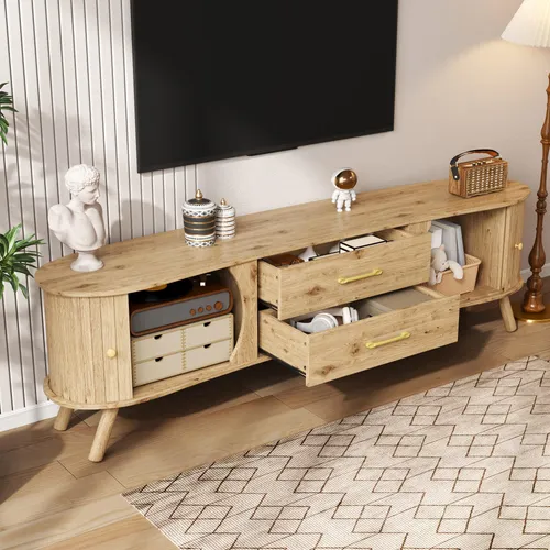 OKWISH TV-Schrank 160x55x36,5 cm – Erbsenförmiges TV-Board mit Rillenoptik - Skandinavischer TV-Schrank mit erbsenförmiger Silhouette und vertikaler Rillenoptik. Bietet Platz durch 2 Schiebetüren und 2 Schubladen. Hochwertiges MDF mit natürlicher Holzoptik für stilvolle Wohnzimmergestaltung.