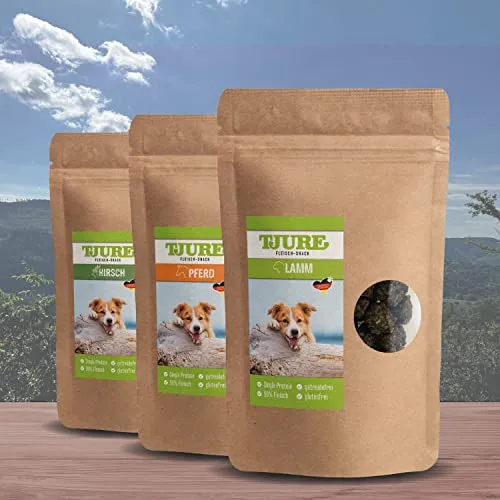 TJURE Hundesnack Box Premium | 3 x 150g | Trainingsleckerli Hunde mit 95% Fleisch | Getreidefreie Hundesnacks in Premium-Sorten Hirsch, Lamm & Pferd | Luftgetrocknet & ohne Zusatzstoffe