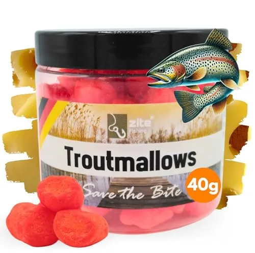 Zite Fishing Trout Mallows Forellenköder - Hochfängiger Forellenteig auftreibend - Troutmallows Starke Aromen & Leuchtende Farben, 40g Dose, Forellen Köder für Grundmontage (Käse orange)