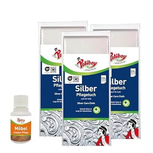 POLIBOY Silber Pflegetuch – Silberputztuch gegen Anlaufstellen – Wiederverwendbares Silberpoliertuch für Besteck & Schmuck - 3x 1 Stk - Mit Produktprobe - Made in Germany