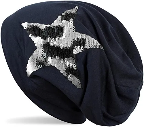 styleBREAKER Beanie Mütze mit Wendepailletten Stern Applikation, Slouch Longbeanie, Damen 04024141, Farbe:Midnight-Blue/Dunkelblau